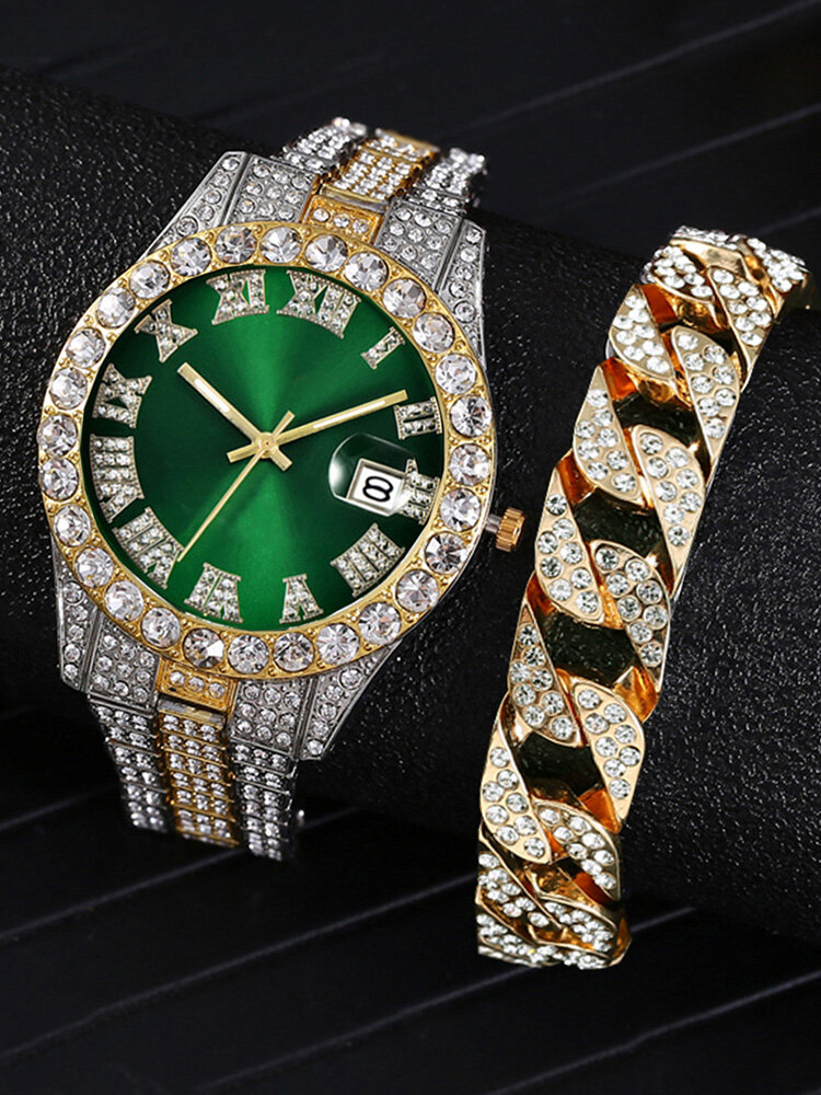 2 Pcs/Set Alloy Diamond Men Business Watch Decorated Pointer Quartz Watch Bracelet