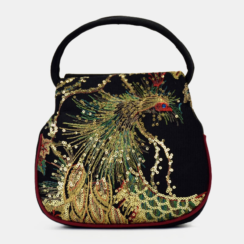 

Ethnic Embroidered Sequined Canvas Peacock Handbag, Wine red;blue;black