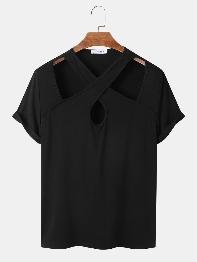 Mens Solid Color Cross Cutout Short Sleeve T-Shirts