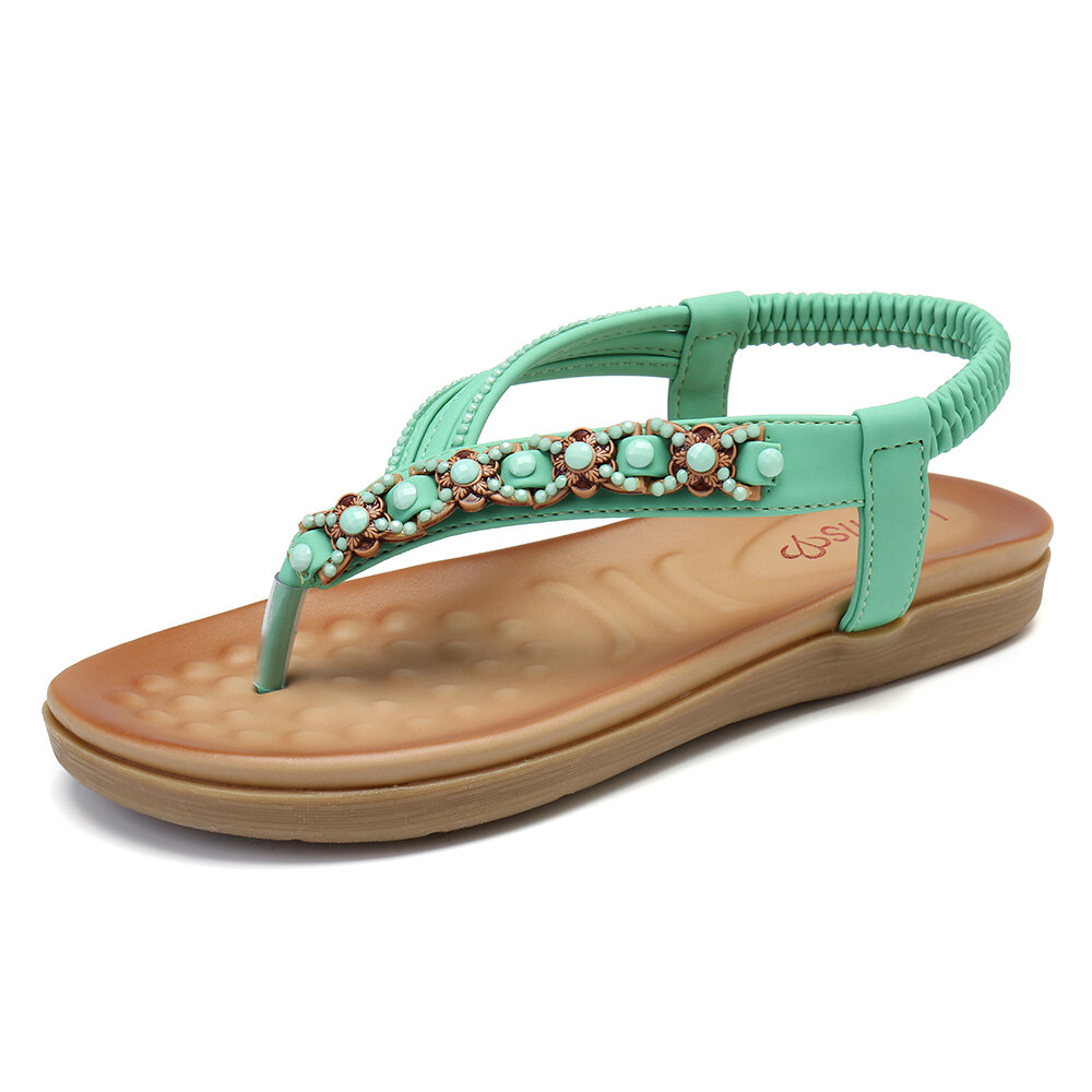 LOSTISY Knitted Rhinestone Decor Summer Clip Toe Flat Sandals