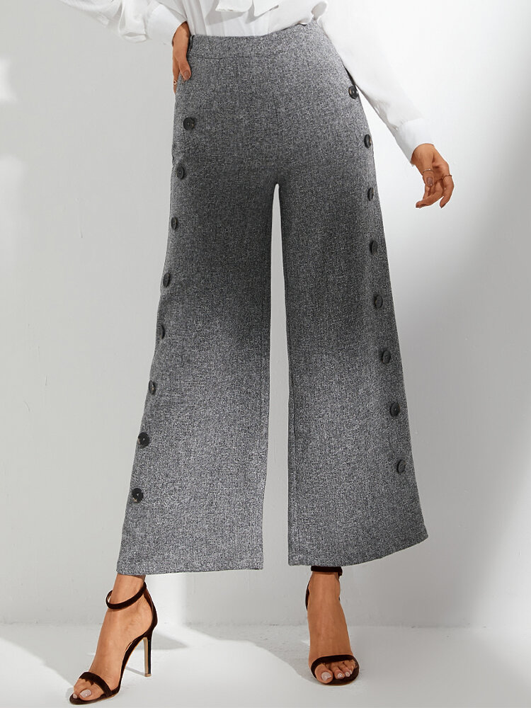 Botón liso de color liso Decoración informal largo Pantalones para Mujer