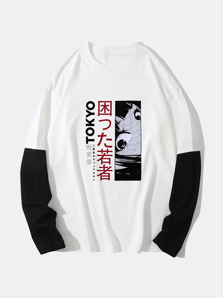 Mens Japanese Anime Tokyo Print 100% Cotton 2 In 1 Long Sleeve T-Shirts