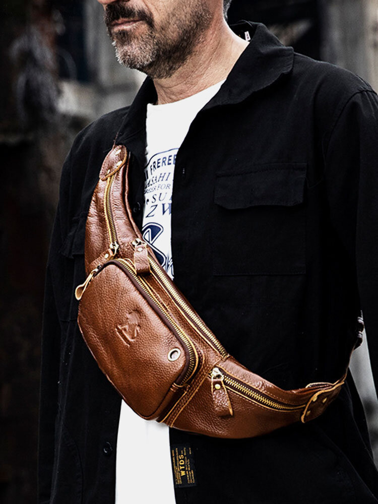 Vintage Genuine Leather Soild Earphone Hole Design Multi-pocket Crossbody Bag Chest Bag