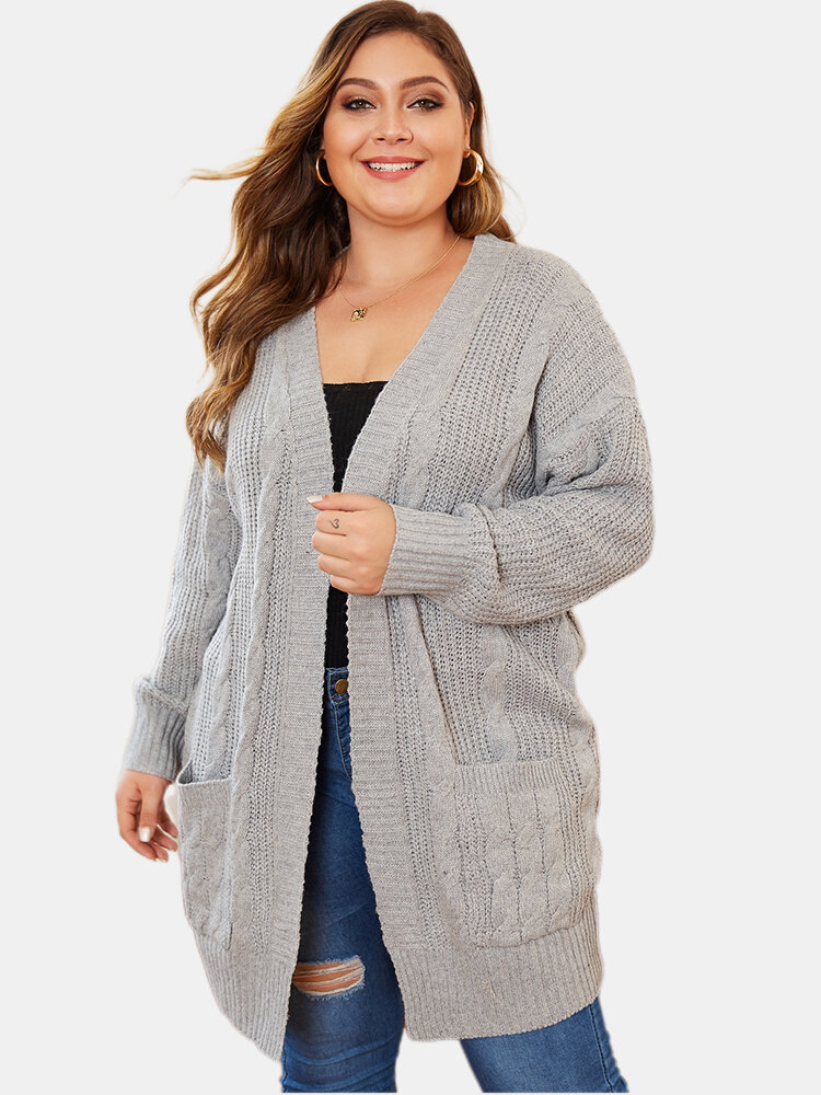 Solid Color V-neck Knit Casual Plus Size Cardigan