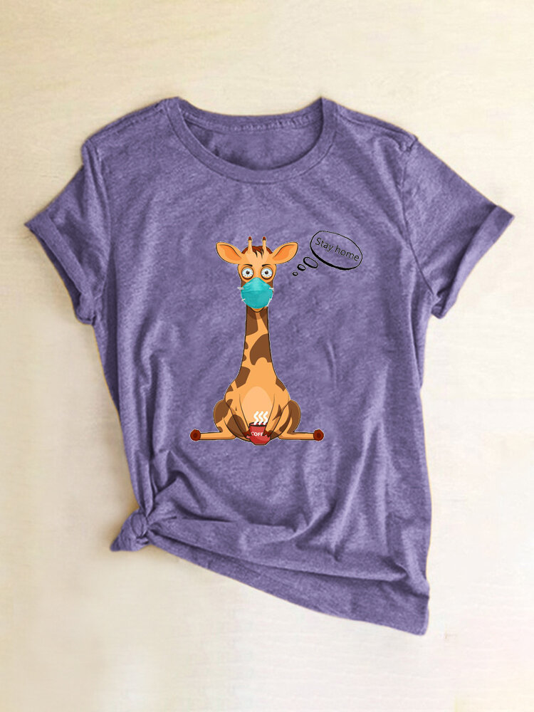 Cartoon Giraffe Printed Short Sleeve O-Neck T-shirt