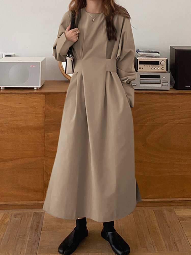 Solid Pocket Split Ремень С круглым вырезом с длинным рукавом Шея Повседневная одежда Платье