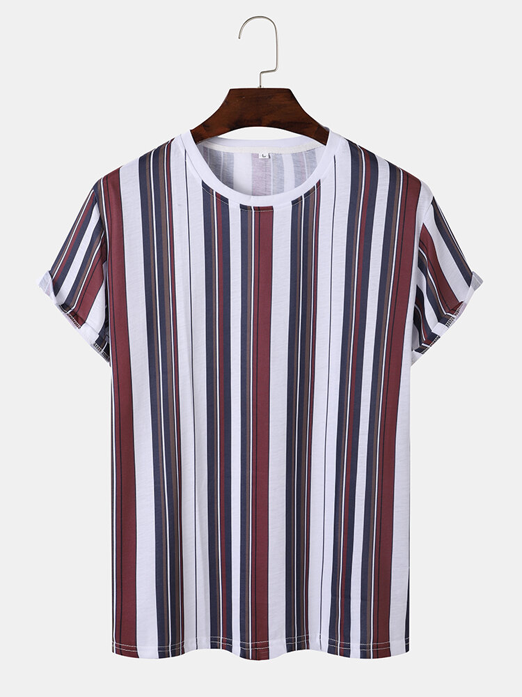 Mens Colorful Stripe Print Crew Neck Casual Short Sleeve T-Shirts