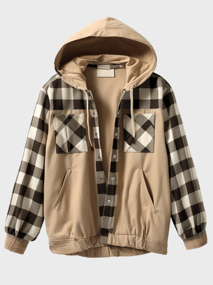 Mens Plaid Patchwork Multi Pocket Casual Hooded Jacket Winter