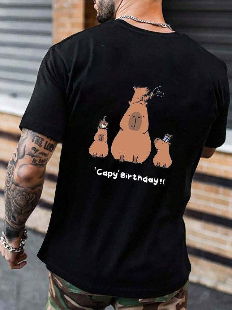 T-shirt à manches courtes et col ras du cou pour homme, avec lettres d'animaux de dessin animé, imprimé au dos, hiver