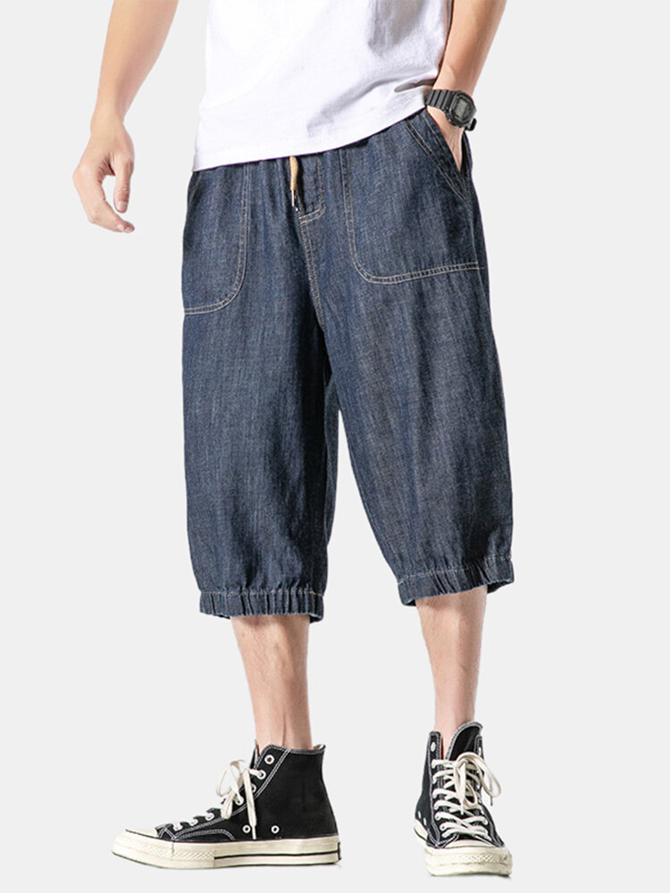 

Mens Overalls Cropped Pockets Loose Casual Drawstring Jean Cargo Pants, Light blue;dark blue