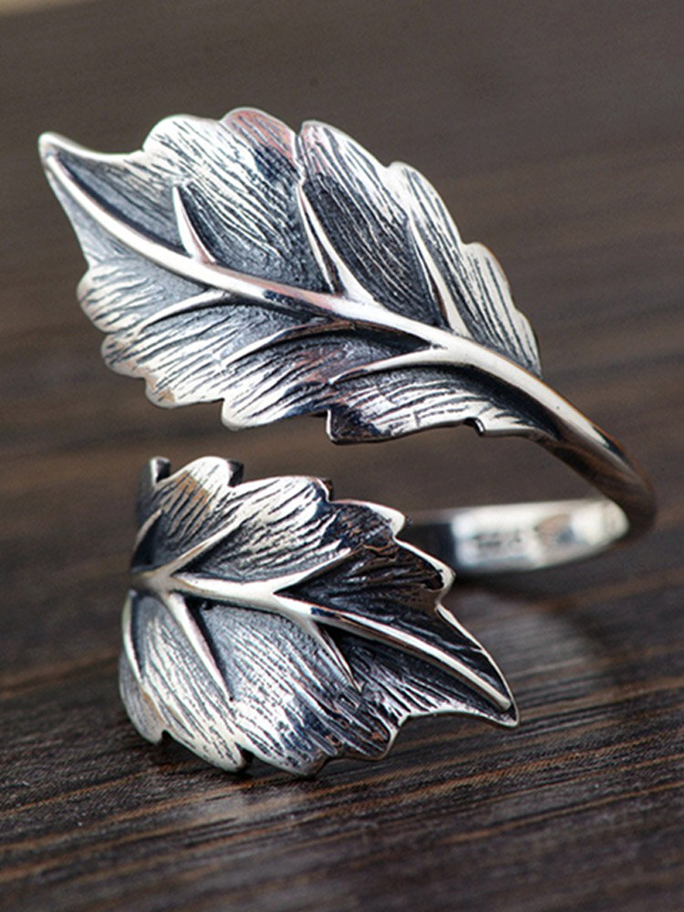 Vintage 925 Silver Women Ring Carve Open Thai Silver Leaf Ring Jewelry
