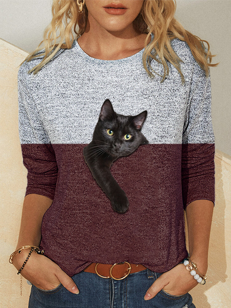 Contrast Color Cat Print Long Sleeve Casual T-shirt For Women