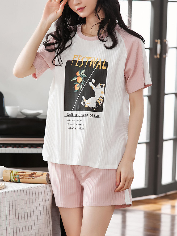

Plus Size Women Ribbed Cartoon Animal Print Contrast Cotton Pajamas Sets, Pink;white;beige