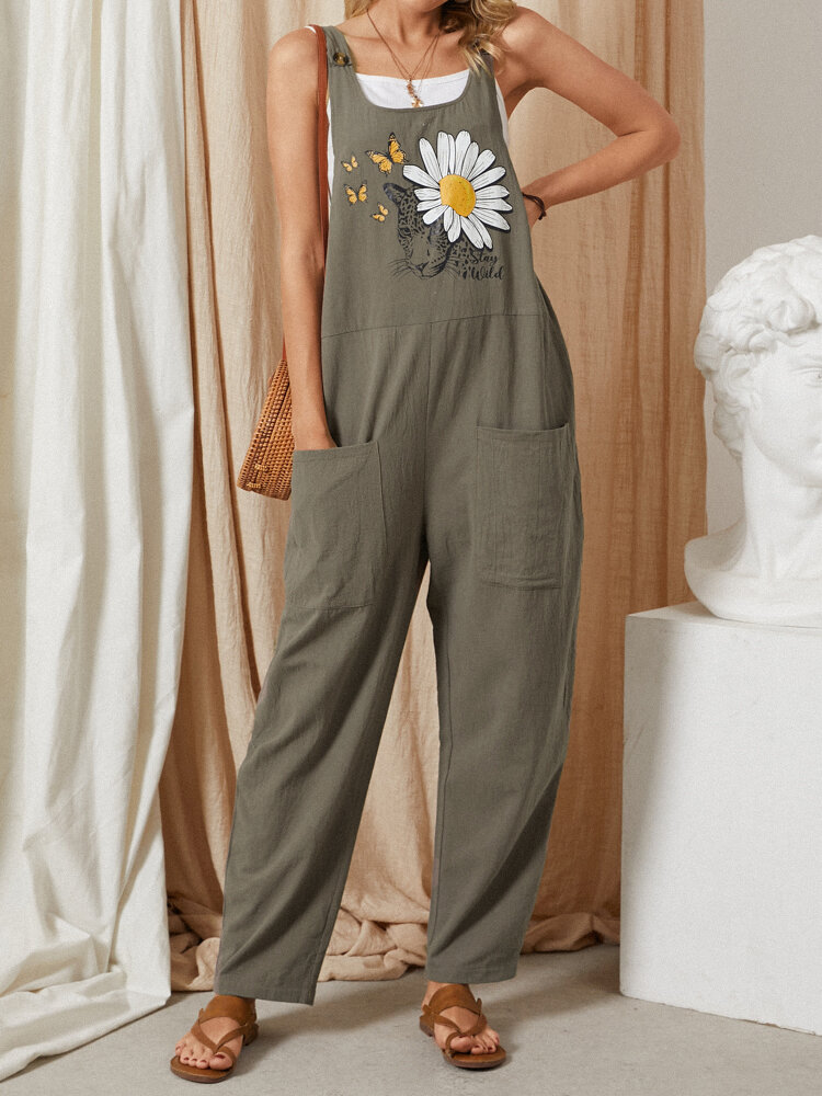 Butterfly Daisy Print Straps Casual Jumpsuit With Pockets