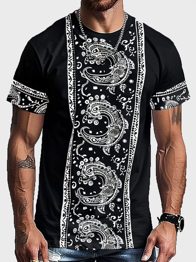 

Mens Monochrome Ethnic Paisley Print Patchwork Crew Neck Short Sleeve T-Shirts, Black
