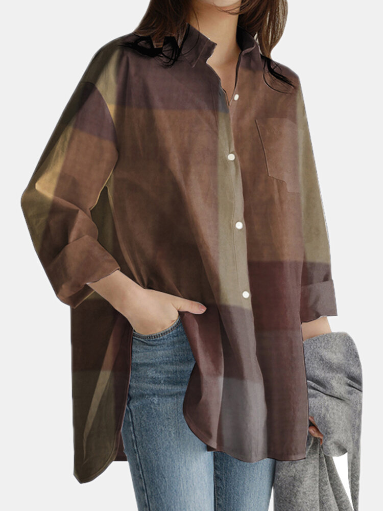 Plaid Print Long Sleeves Lässige lockere Bluse mit Taschen