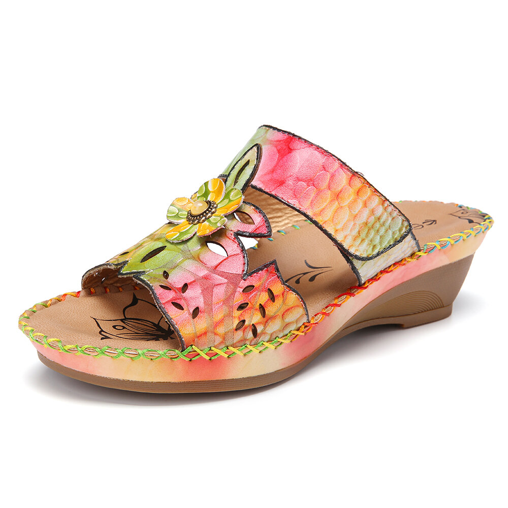 Retro Multicolor Stitched Welt Outsole Painted Gradient Round Toe Sandals