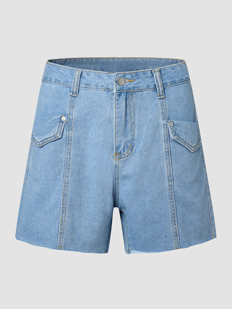 Solid Button Pocket Zip Front Denim Shorts For Women