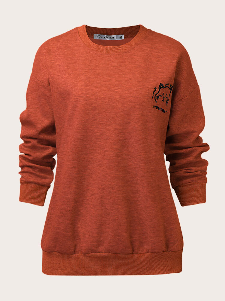 

Plus Size Cartoon Cat Embroidered O-neck Causal Sweatshirt, Red;dark gray;orange;wine red;apricot;gray