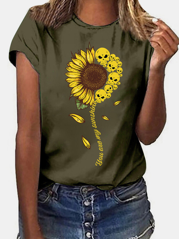 Sunflower Skull Print Short Sleeve T-shirt For Women