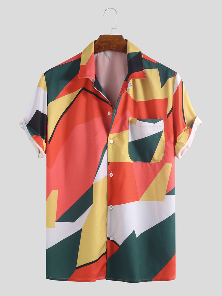 Mens Hit Color Abstract Printed Chest Pocket Turn Down Collar Short Sleeve Loose Shirts