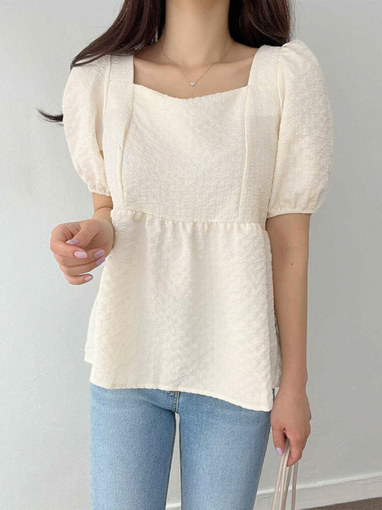 Puff Sleeve Crew Neck Solid Blouse For Women