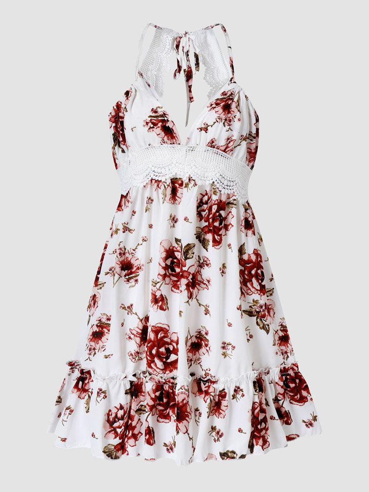 Цветочный принт, кружевной стежок, завязка на бретелях, открытая спина Платье