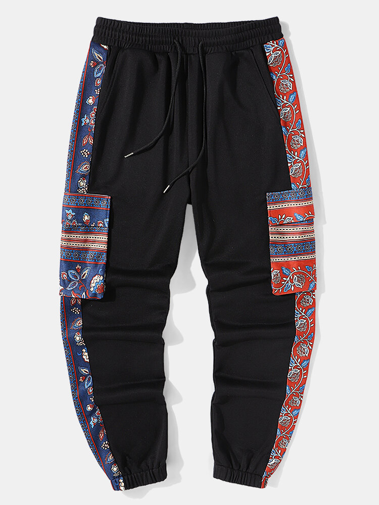 Мужские спортивные штаны с этническим цветочным принтом в стиле пэчворк с клапаном и карманом на шнурке
