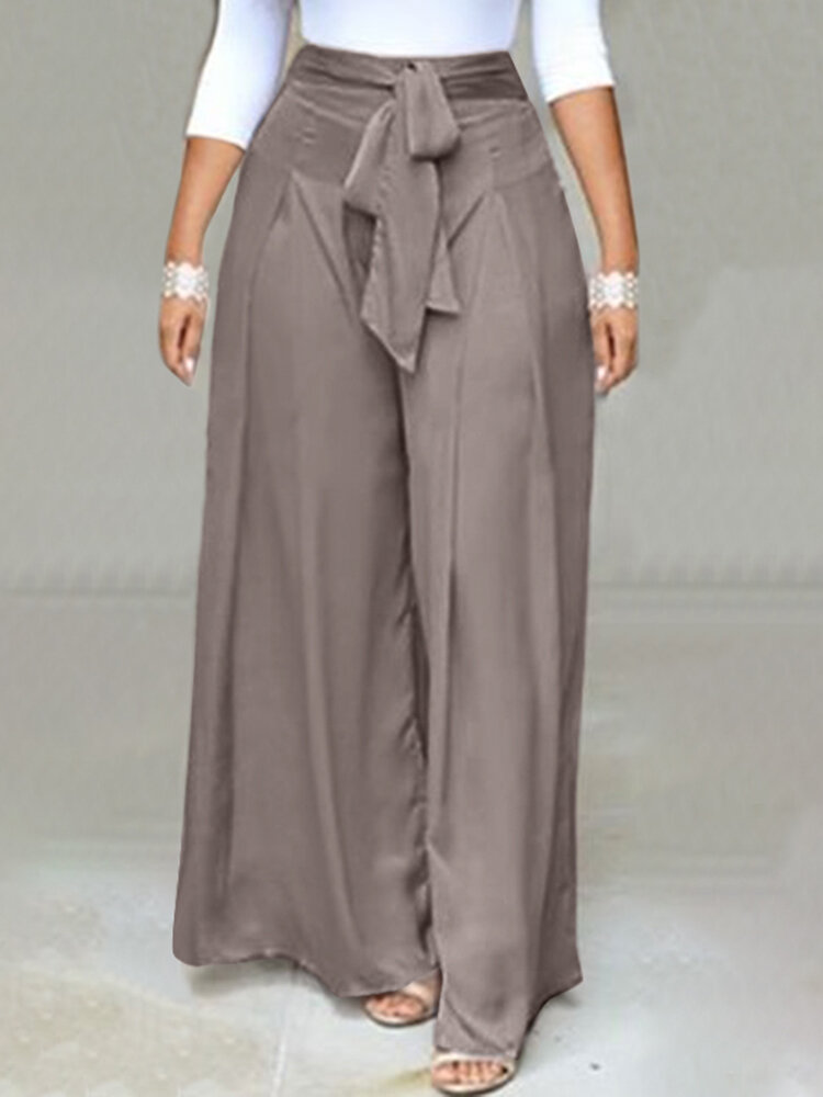 Women Solid Tie Waist Casual Wide Leg Pants With Pocket