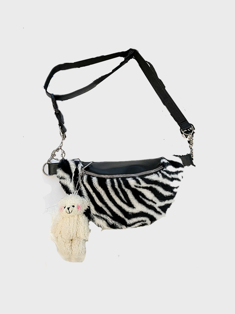 Women Plush Zebra Leopard Pattern Prints Crossbody Bag Chest Bag Sling Bag