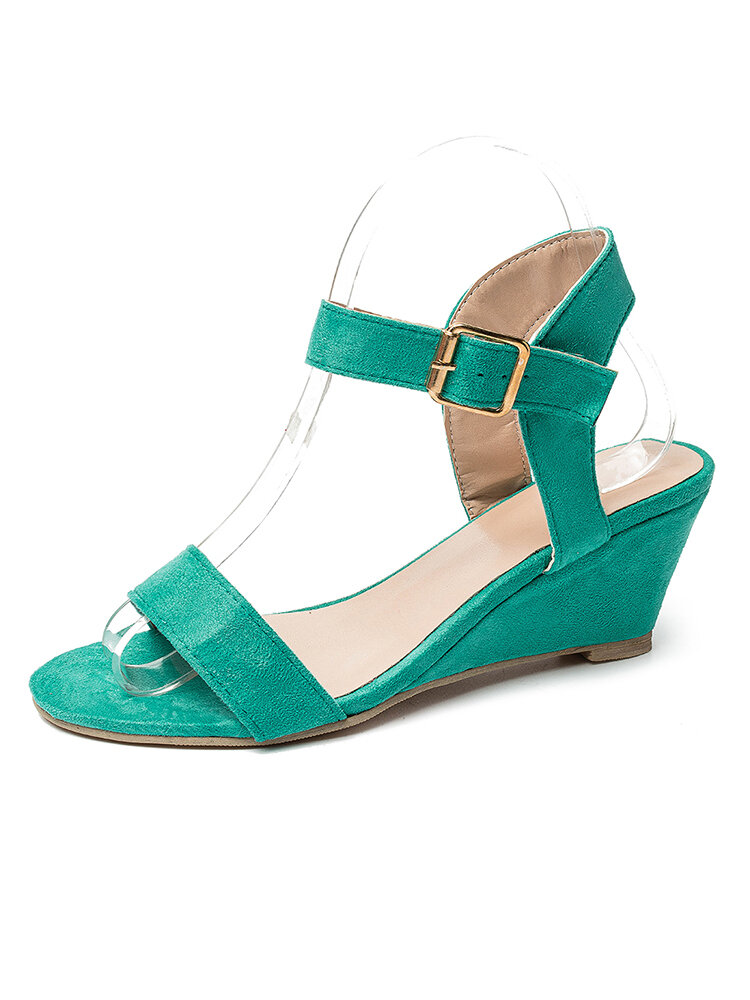 Women Casual Solid Color Peep Toe Buckle Wedges Sandals