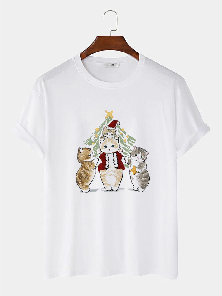 Mens Christmas Cartoon Cat Print Crew Neck Short Sleeve T-Shirts Winter