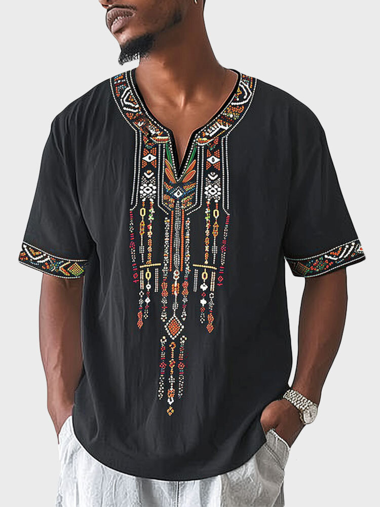 Herren-T-Shirts mit ethnischem geometrischem Muster und Patchwork, gekerbtem Hals, kurzärmelig