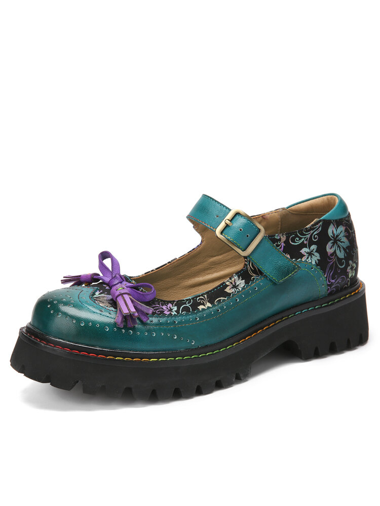 Socofy Couro Genuíno Feito à Mão Laço Decoração com Borla Mary Jane Sapatos Casuais Retrô Floral Sapatos de Cunha