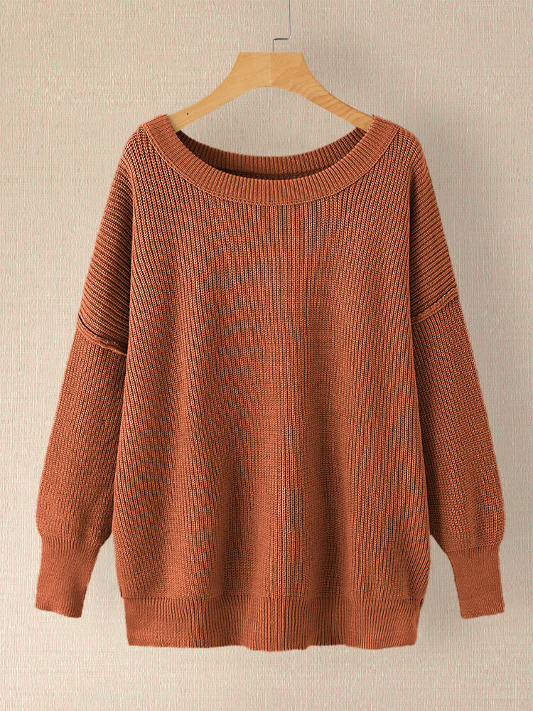 Solid Color O-neck Slit Hem Loose Comfy Women Sweater