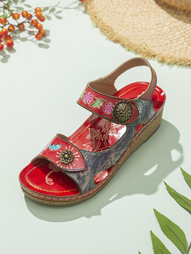 Socofy Retro Ethnic Floral Print Splicing Leather Wedges Adjustable Hook Loop Comfy Sandals