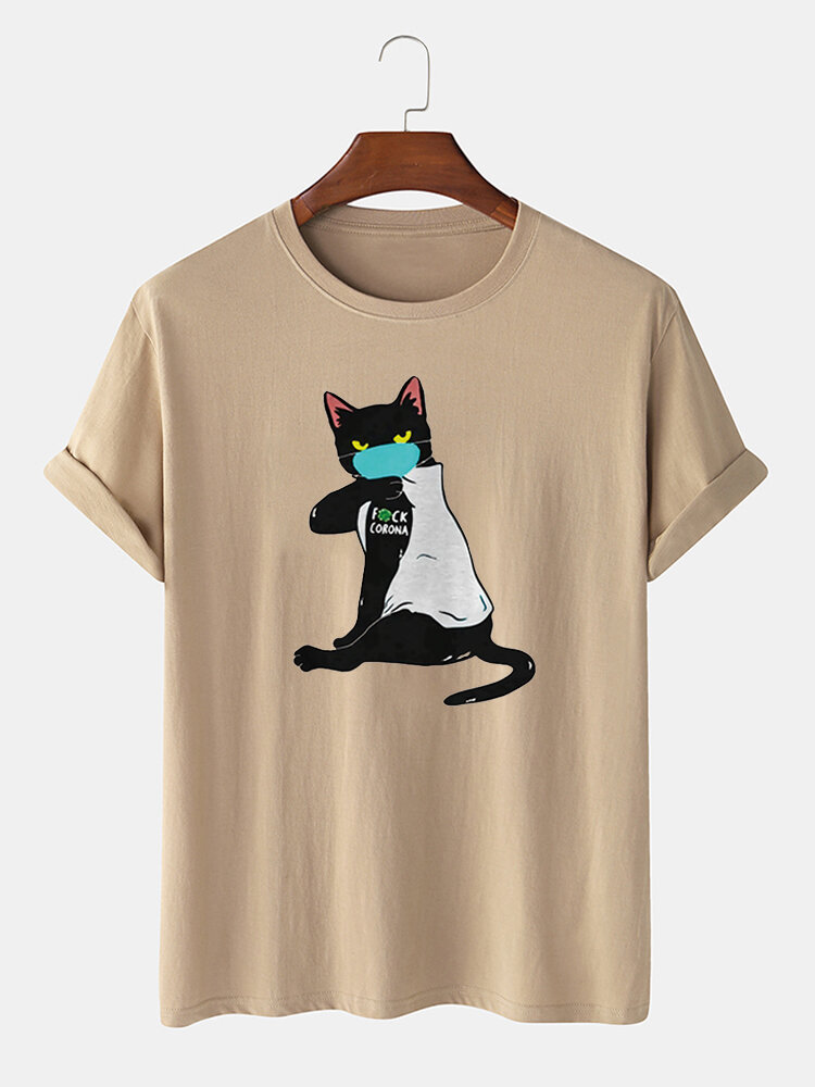 Men 100% Cotton Fun Cat Print Casual Round Neck T-shirt