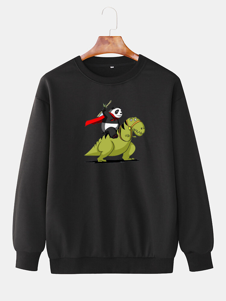 Mens Panda Dinosaur Print Crew Neck Cotton Drop Shoulder Sweatshirts