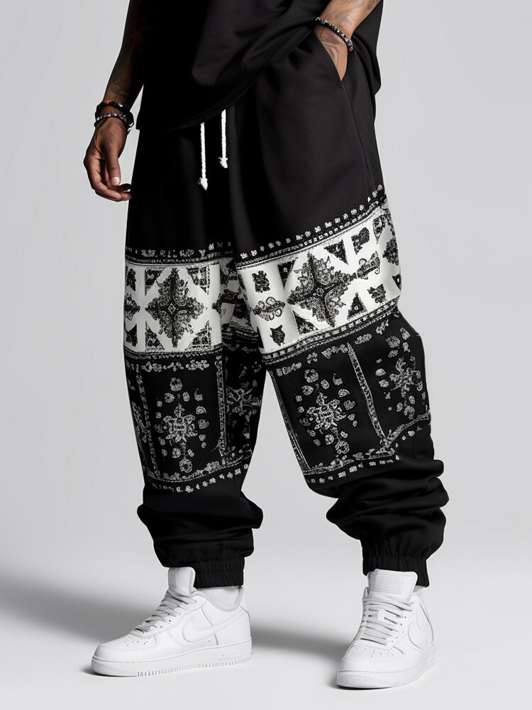 Pantalon ample à la taille avec cordon de serrage pour hommes, imprimé Floral ethnique monochrome, hiver