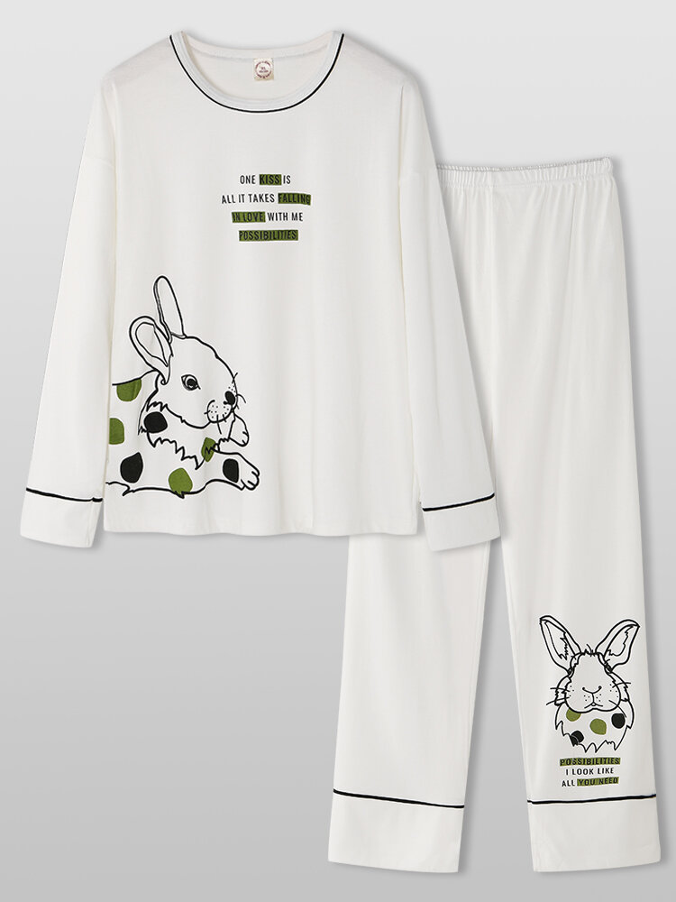 Plus Size Women Cotton Cartoon Animal Letter Print Cute Long Pajama Sets
