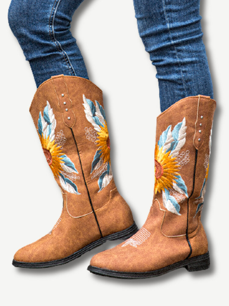 Large Size Women Sunflower Embroidered Soft Comfy Block Heel Cowboy Boots