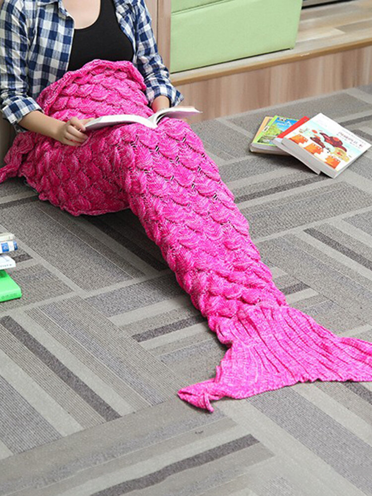 

180x90cm Yarn Knitting Mermaid Tail Blanket Wave Stripe Warm Bed Mat Super Soft Sleep Bag, Red;pink