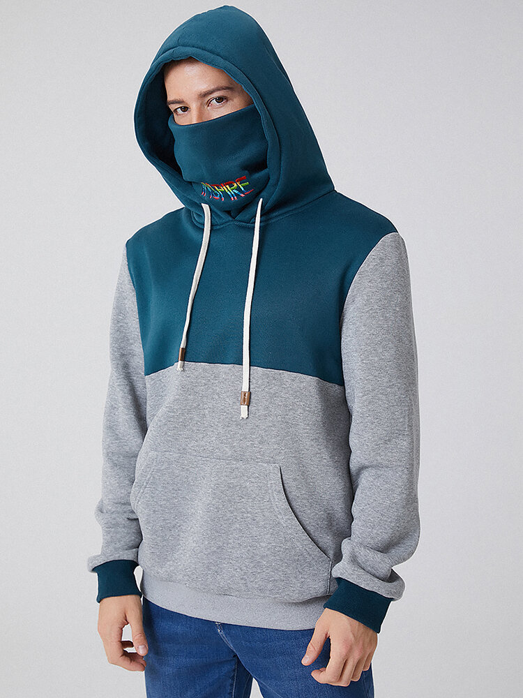 

Mens Contrast Patchwork Kangaroo Pocket Hoodies With Letter Embroidery Snood, Blue;black