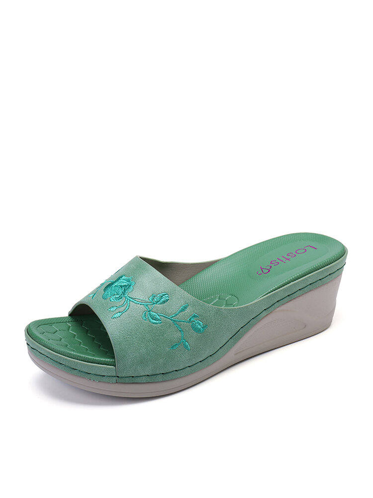 

LOSTISY Home Casual Wide Band Opened Embroidered Wedges Heel Antiskid Stripe Slippers, Green