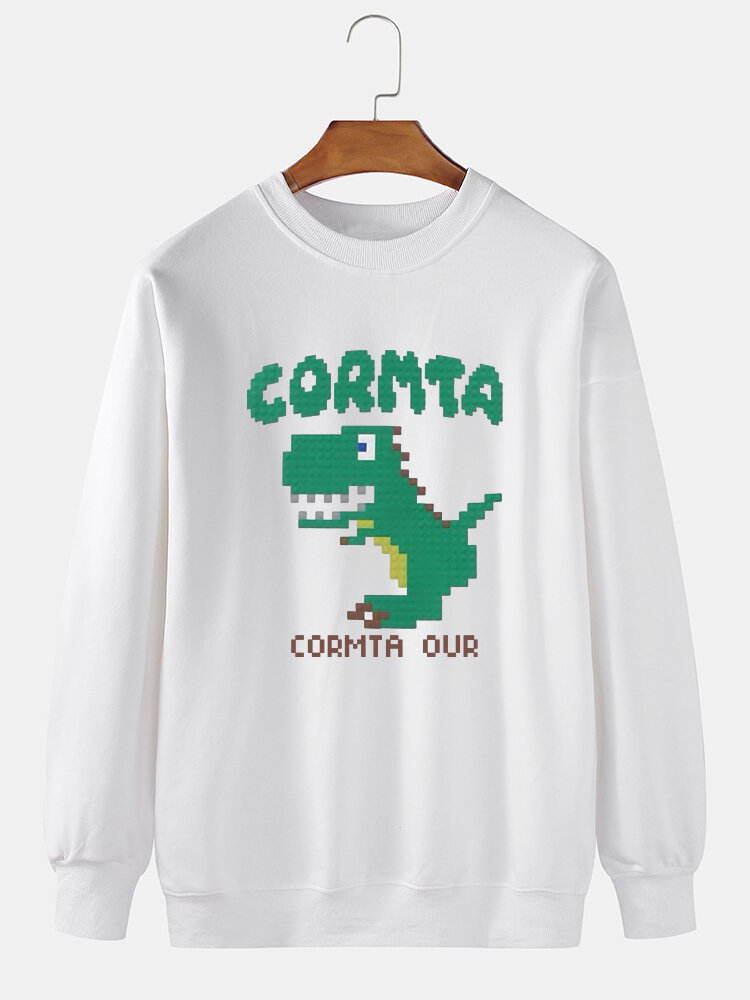 Mens Cartoon Dinosaur Letter Print Crew Neck Pullover Sweatshirts