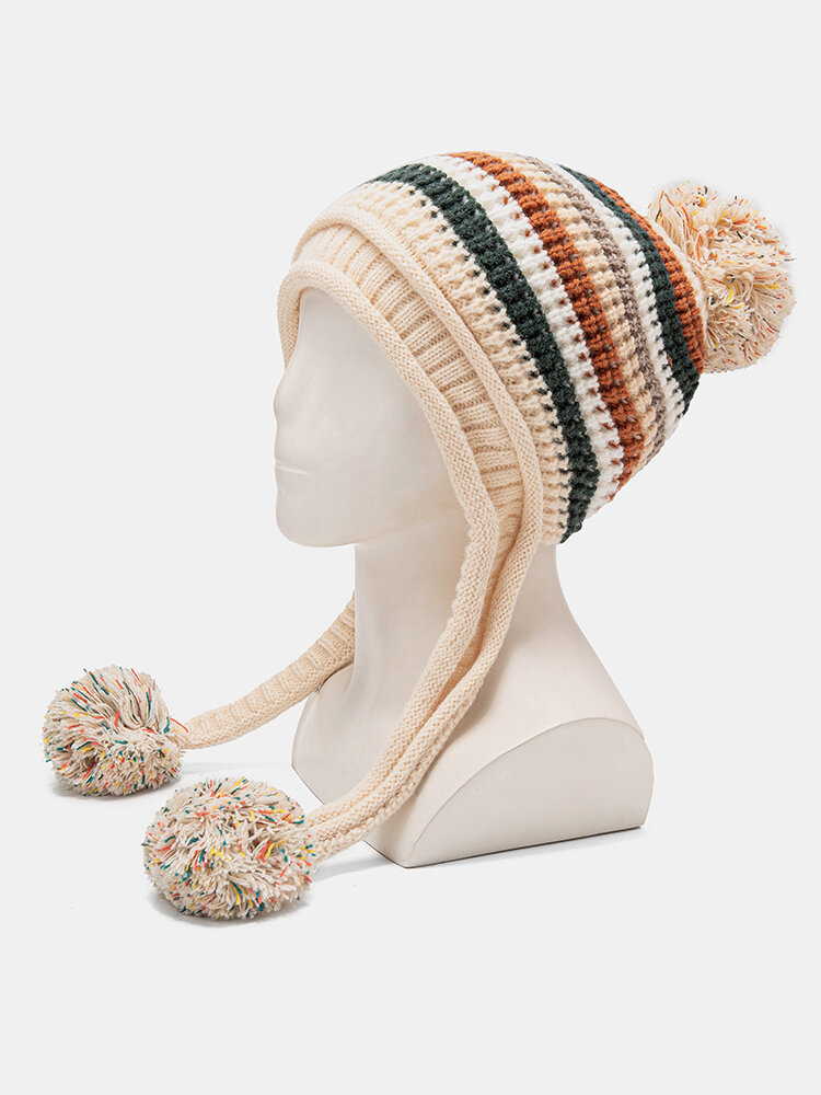 Women Knitted Plus Velvet Ear Protection Color-match Striped Fur Ball Decoration Warmth Beanie Hat