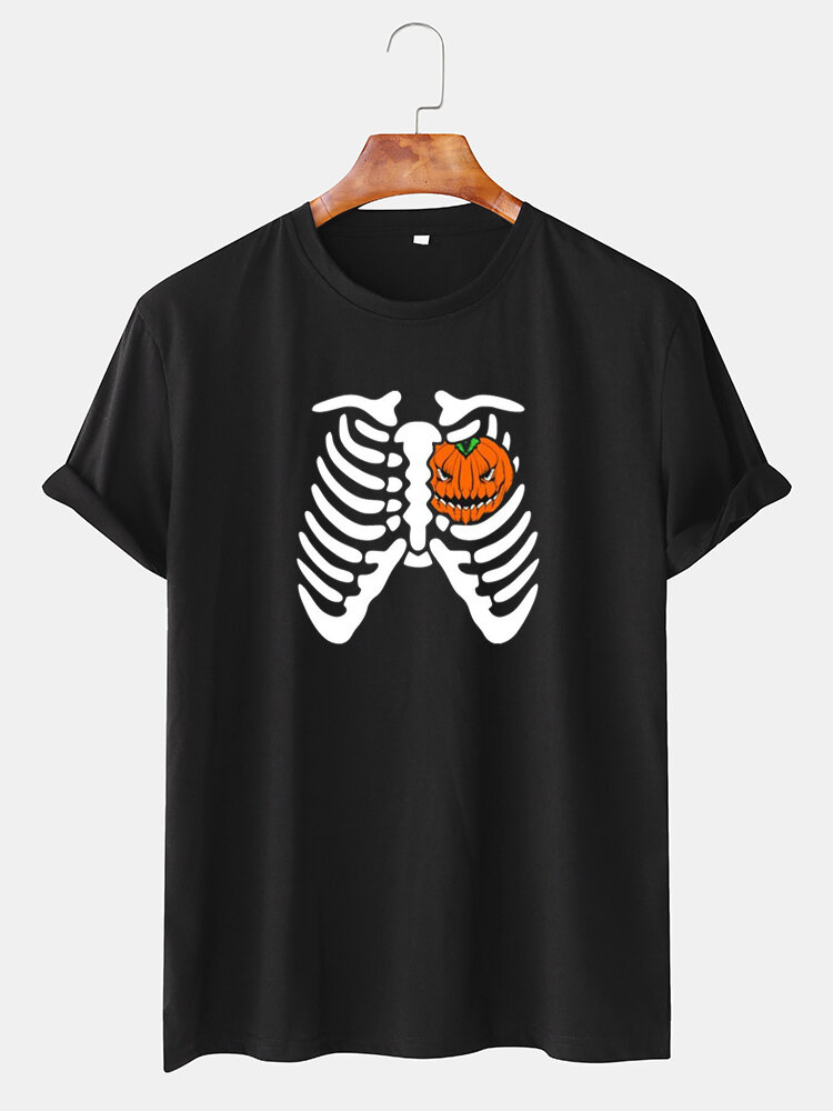 Mens Halloween Skeleton Funny Pumpkin Printed Cotton Casual Short Sleeve T-Shirts