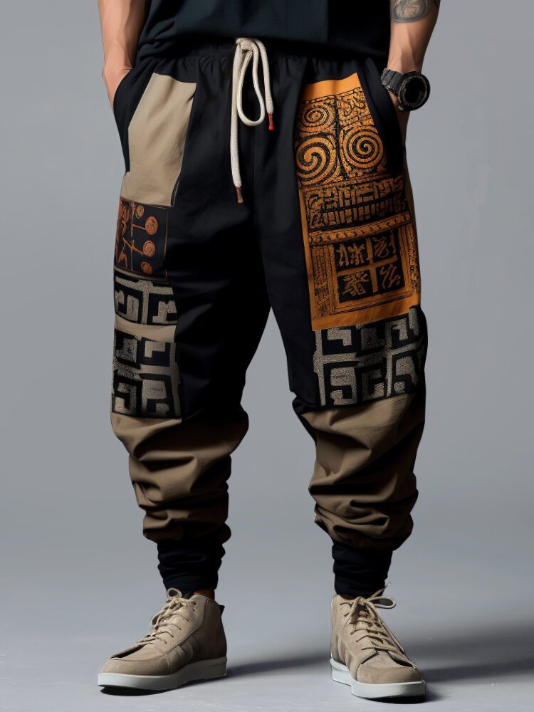 Pantalon à motif tribal ethnique pour hommes, bloc de couleurs, patchwork, cordon de serrage à la taille