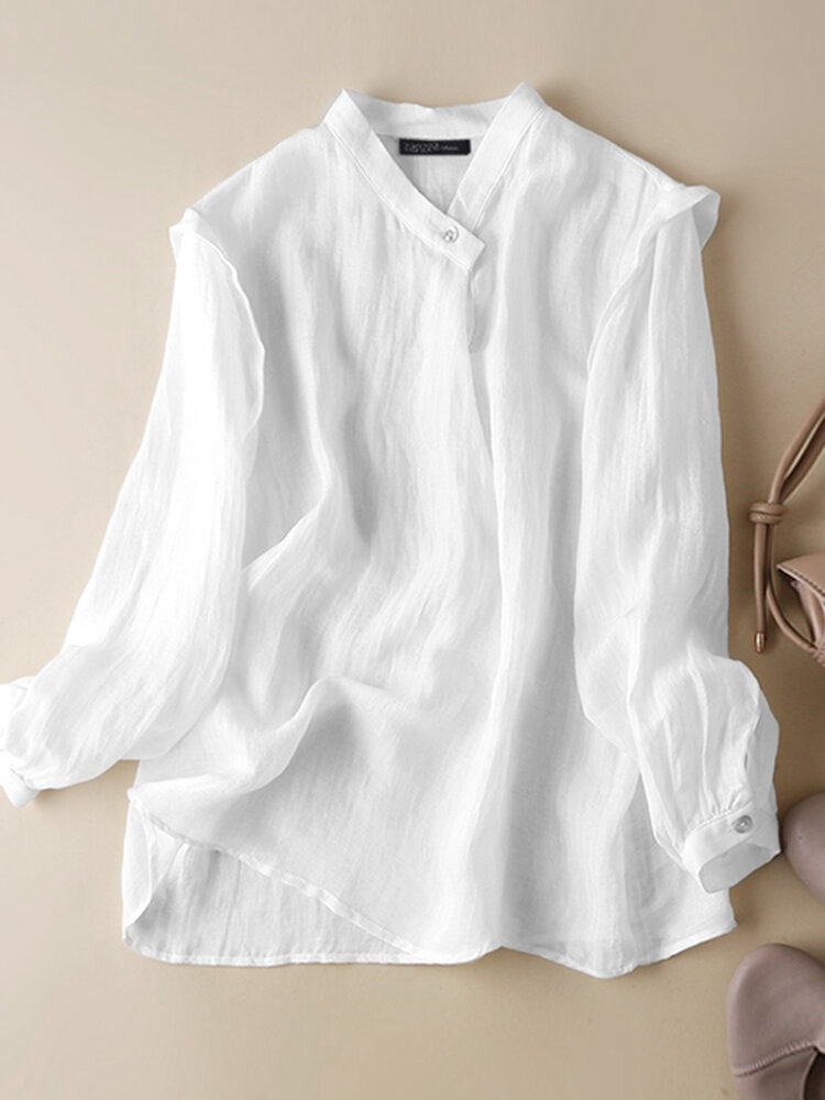Solid Casual Long Sleeve Stand Collar Blouse