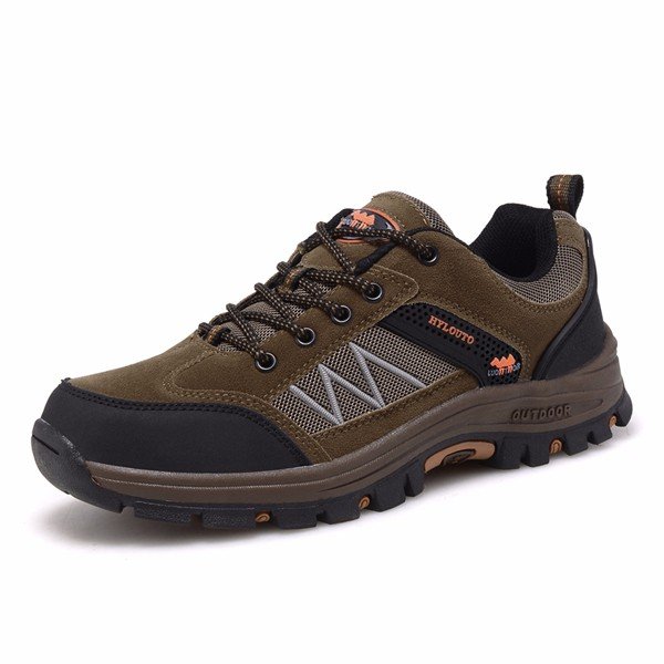 Men Leather Mesh Breathable Anti Skip Lace Up Outdoor Hiking Shoes